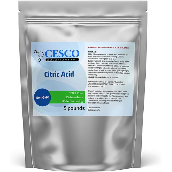 Cesco Solutions Citric Acid 100% pure, NON-GMO, anhydrous. Stand-up Resealable Pouch. Ideal for Household cleaning, Bath bomb and beauty DIY (5 lbs)