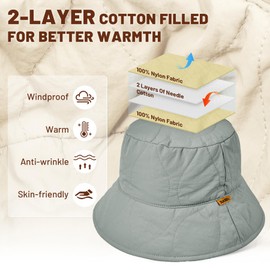Sukeen Winter Bucket Hat Women Men Lightweight Cotton Filled Warm Hat Waterproof Adjustable Fisherman Hat for Hiking, Travel Grey