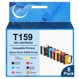 High Yield 159 T159 Ink Cartridge T159020 T159120 T159220 T159320 T159420 T159720 T159820 T159920 Ink,8 Set Replacement for R2000 Ink Stylus R2000 Photo Printer(PBK,MBK,GO,C,M,Y,R,O)