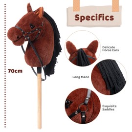 BEJOY Steckenpferd Spielzeug Pferd, Hobby Horse Holzpferd Plüschpferd, Halter zum Reiten für Kinder mit Halfter und Trense, Simulierte Pferdewimpern, Dunkelbucht