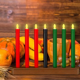 Baquler 8 Pcs Kwanzaa Kinara Set Kwanzaa Candles Kwanzaa Candle Holder Set Kinara Candle Holder Flameless Battery Powered Electric Candles with Kinara Wood Candle Holder Wood