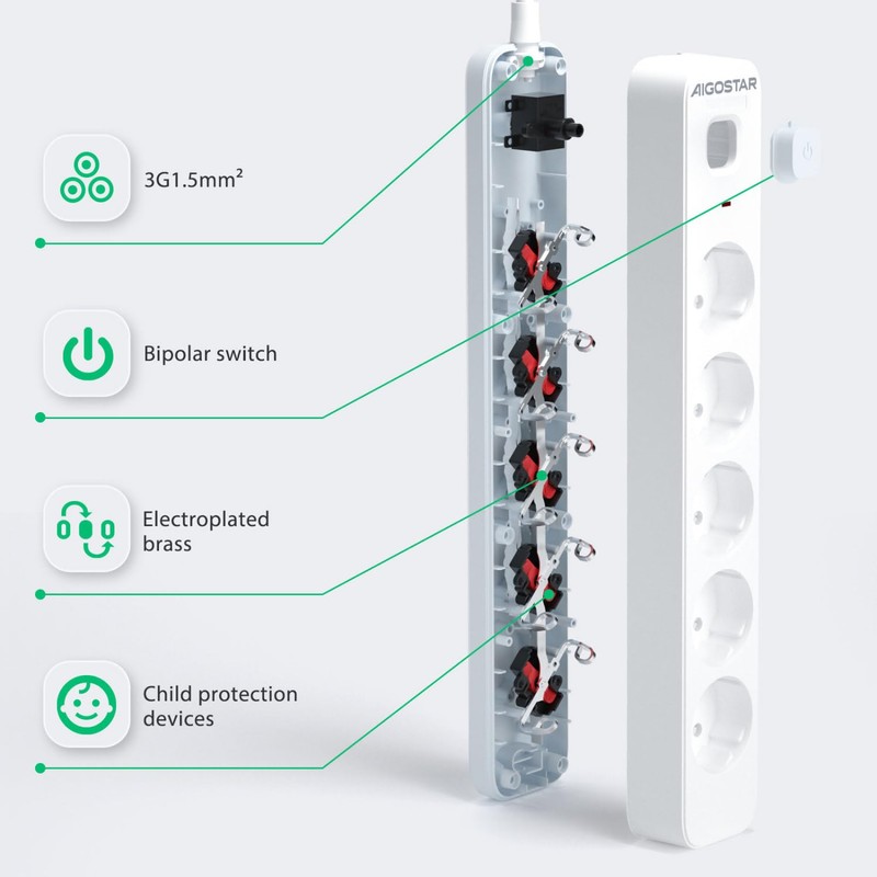 Aigostar 5-Way Power Strip with Switch, Multiple Socket with Child
