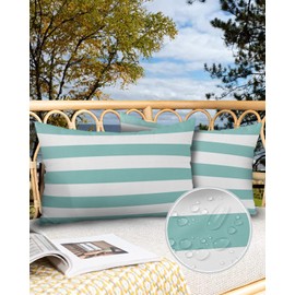 Lumbar Throw Pillow Covers 12x20 Outdoor Waterproof Pillow Covers for Patio Furniture Solid Striped Decorative Throw Pillow Cover Teal Blue Pillowcases Set of 2 Cushion Case for Sofa Couch Chair Home