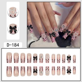 Handmade Press on Nails Medium Square Fake Nails with 3D Pearl Bow Star Heart Leopard Designs 24 Pcs Natural Reusable Acrylic Nail Full Cover Stick on Pink French Tip Nail for Women Fashion WYFHDT