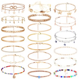 Dochais Pack of 7-24 Shiny Silver Anklets with Rhinestones Waterproof Boho Adjustable Summer Anklet Women's Anklet Vintage Beads Anklet, 21 cm, Metal