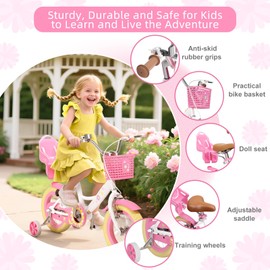 Glaf Toddler Girls Bike with Training Wheels for Age 2-9 Years Girls Bike for 12 14 16 Inch with Doll Seat and Basket Kids Bicycle with Adjustable Seat (Flower White, 14 inch)