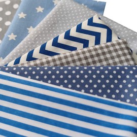 Gnognauq 7pcs Cotton Quilting Fabric, Blue Grey Fat Quarter Fabric Bundles Printed Patchwork Squares Polka Dot Wave Striped Gingham Fabric for Sewing DIY Crafts, 18 x 22 inches
