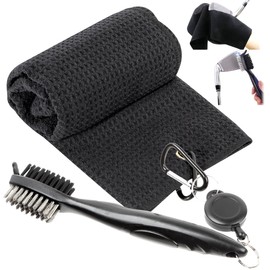 Contyu Golf Ball Club Wipe Set | Iron Brush with Telescoping Reel & Microfiber Club Ball Towel 1 Piece Carabiner (Black/Dark Navy, 20)