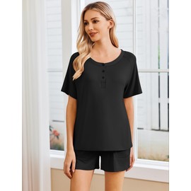 Ekouaer Womens Pajamas Set Short Sleeve Sleepwear 2 Piece Lounge Sets with Pockets Black, Large