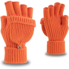 Yaopelky Winter Fingerless Gloves for Women Men Half & Full Glitter Knitted Mittens Thumb with Cap Convertible Thermal Mitten(Orange with sequin, One Size for most adults)