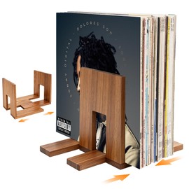 QUALLON Adjustable Vinyl Record Holder Solid Acacia Wood, 20–60 LP Upright Storage Stand with Now Playing Display, Modern Wooden Vinyl Record Storage Organizer for Home Desktop Office