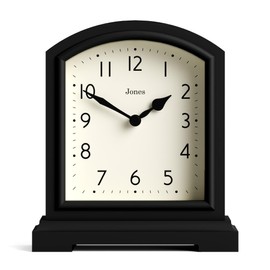 JONES CLOCKS® Tavern Mantel Clock | Modern Arch top Design | Black | Contemporary Classic Style for Desk, Table, Shelf or Bedside