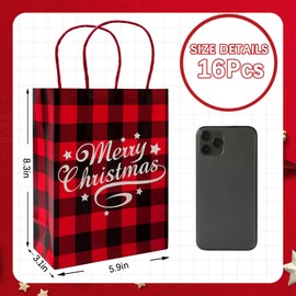 JarThenaAMCS 16Pcs Merry Christmas Buffalo Plaid Paper Bags with 20 Sheets Red Tissue Paper Red and Black Treat Bags with Handles Candy Goodie Bags Gift Wrapping Set for Xmas Party