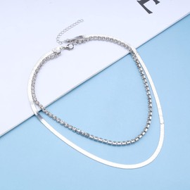 Allereya Vintage Layered Tennis Chain Necklace Crystal Tennis Choker Necklace Silver Snake Chain Necklace Short Rhinestone Tennis Herringbone Necklace Jewelry for Women and Girls