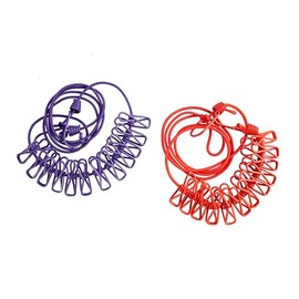 Portable Travel Clothes Line with 12 Clips, Red and Purple, Elastic Hanging Rope for Laundry