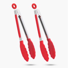 2-Pack of 9" (Small) & 12" (Large) Kitchen Tongs Set: Non-Stick Silicone-Stainless Steel Cooking Tongs, BPA Free, Heat Resistant (480°F) - Non-Slip Grip & Locking Metal Food Tongs (Red)