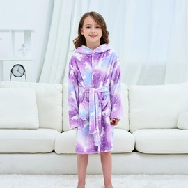 Piefry Soft Bathrobe with Hood for Girls Fleece Dressing Gown Sleepwear Children, Purple Unicorn