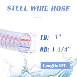 QuQuyi 1" ID x 1-1/4" OD, 1FT length Steel Wire Hose PVC Vacuum Tubing (with 2 Stainless Clamps) Drain Hose Vinyl Suction Tubing Flexible Tube High - Pressure UV Chemical Resistant Vinyl Hose Line