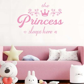 Princess Sleep Here Wall Decals, Cute Crown Wall Stickers, Inspirational Quote Art Lettering Vinyl Wall Stickers Murals Wallpaper for Girls Women Bedroom Living Room Home Decoration Pink