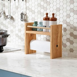Furpinea Portable Wooden Kitchen Spice Rack with Paper Towel Holder Countertop, Wooden Freestanding 2 in 1 Seasoning and Olive Organizer Stand with Paper Towel Holder (Natural)
