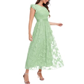 DEARMSROSE Women's Casual Tulle Midi Dress Ruffle Sleeve Crewneck Lace Flowy Dresses Party Wedding Guest Sundress（Large,Light Green）
