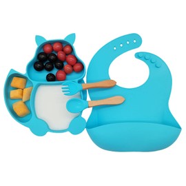 Silione Baby Feeding Set Including Baby Suction Plate/Todder Plates For Self Feeding Training With Divided Design/Soft spoon/Fork/Adjustable Bib Toddler Dish Kit(Blue)