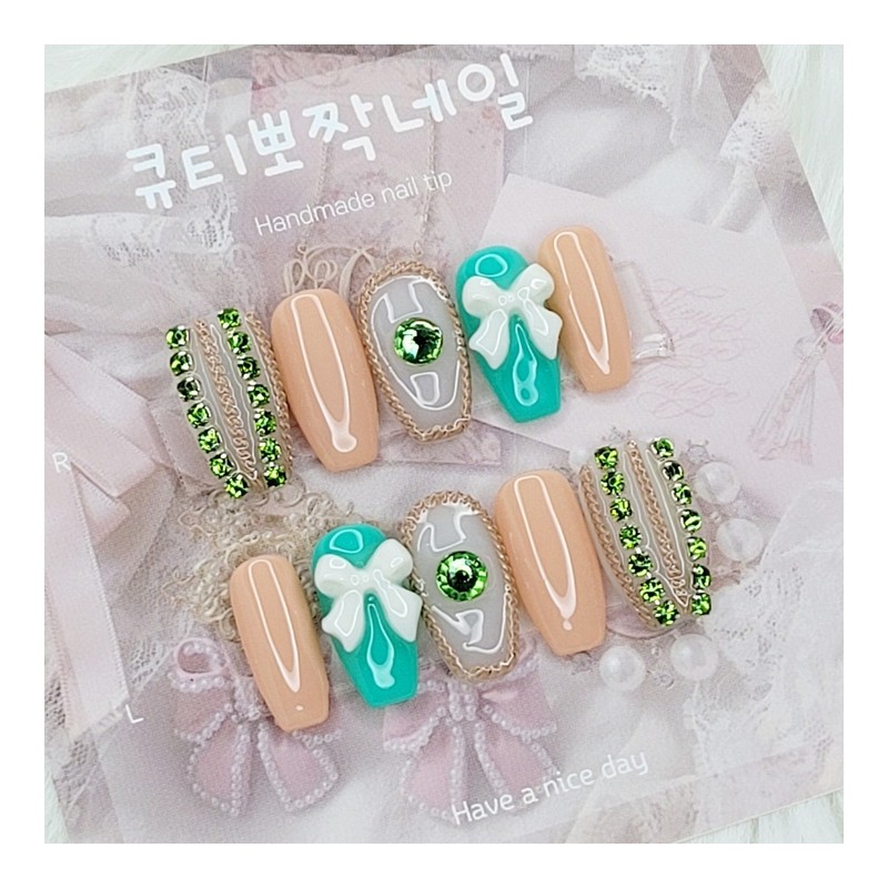 Beige chain handmade nail tip - Stiletto L / 베이지
