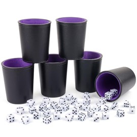 TOPTAN Black PU Leather Dice Cup with Purple Felt Lining Sets, Includes 6 Dice Shakers and 36 White Dice for Yahtzee Farkle Dice Game
