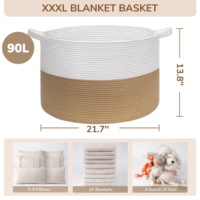 INDRESSME XXXLarge Jute Rope Basket 21.7" x 21.7" x 13.8"
