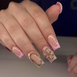 Medium Press on Nails Square Fake Nails Pink French Tip False Nails with 3D Gold Flower Line Design Glue on Nails Glossy Full Cover Stick on Nails Elegant Acrylic Nails for Women Manicure 24Pcs