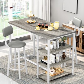 Recaceik Pub Dining Table Set for 2, Table and Bar Stools with 3 Storage Shelves, MDF Board & PU Leather Backrest Chairs, 3 Piece Dining Set for Small Space, Apartment, Kitchen Island, Grey