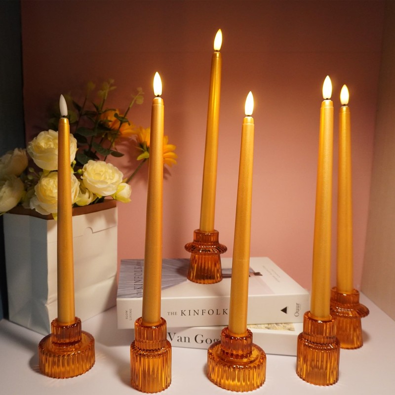 Ni-JASW Gold Flameless Taper Candles with Remote, Flickering LED Candlesticks