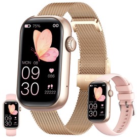 ZPIMY 1.47” AMOLED Smart Watch for Women (Make/Answer Call), 5ATM Waterproof Mens Smartwatch, Fitness Tracker Smartwatch for Android iPhones, Digital Watches Step Counter, 2 Straps (Gold)