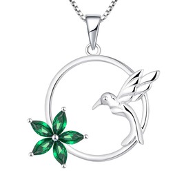 YL Hummingbird Necklace Sterling Silver Flowers Pendant Created Emerald Jewelry for Women
