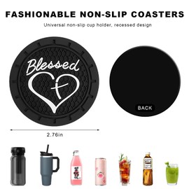 NYTKL 2PCS Car Cup Holder Coaster, 2.76 Inch PVC Anti Slip Car Cup Insert Coaster with Blessed Cross and Heart, Shockproof Dustproof Drink Mat Universal for Most Vehicles Interior (Black)
