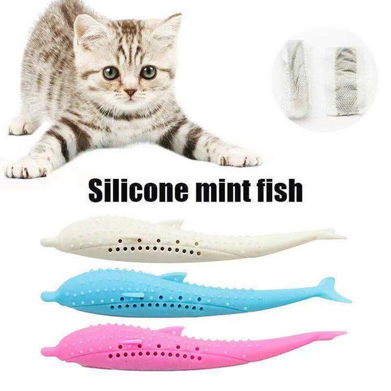 Arinda Silicone Fish Shape Cat Toothbrush Teething Toy with Catnip