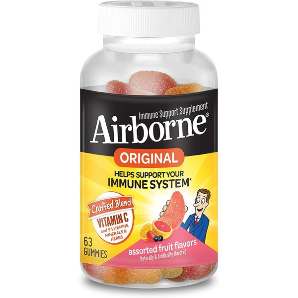 Vitamin C 750mg (per Serving) - Airborne Assorted Fruit Gummies (63 Count in a Bottle), Gluten-Free Immune Support Supplement with Vitamins C E, Selenium (Pack of 3)