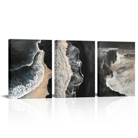 Vefacaiyo Abstract Ocean Wave Beach Wall Art Black and White Abstract Sea Paintings Wall Decor Ocean Oil Painting Textured Printing Artwork for Home Bedroom Kitchen Office, 12"x16"x3pieces