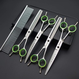 7.0 inches Professional Dog Grooming Scissors Set Straight & thinning & Curved & chunkers & comb 5pcs in 1 Set for left-handed & right handed