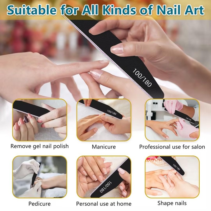 10 PCS Nail Files Set, 100/180 Grit Double-Sided Black Emery