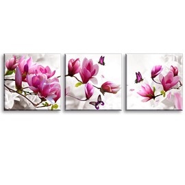 Beautiful Flower Canvas Wall Art for Bathroom Hallway Home Decoration, Flying butterfly Picture Print Painting Decor Artwork,Magnolia Plant Flora Gallery Wrapped Gift,Inner Frame (12x12 Inches x3p)