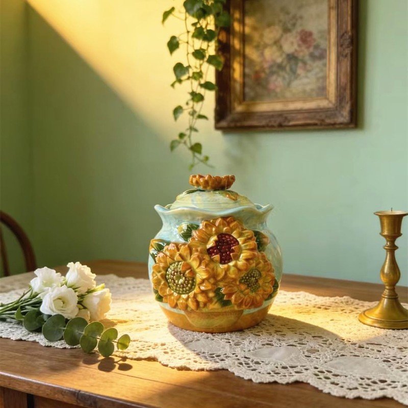 FORLONG Ceramic Hand-Painted Sunflower Sealed Jar,Food Storage Containers with Lids,