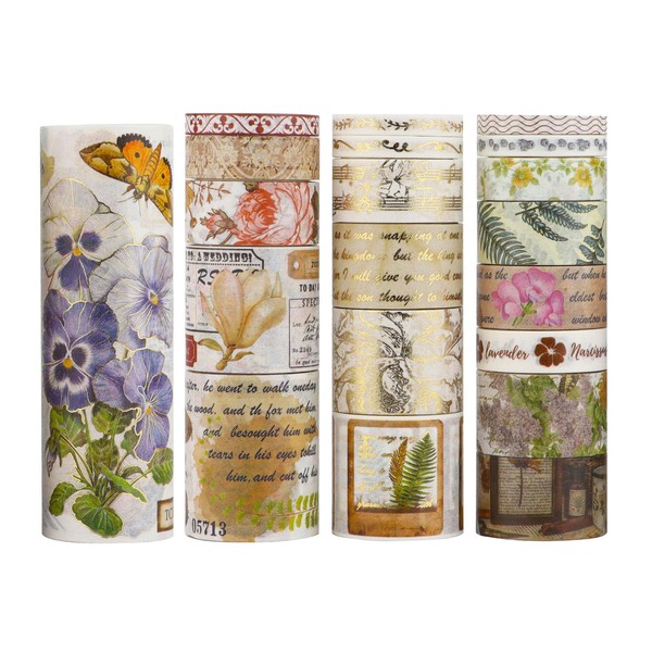 Lveofielygi Jungle Story Washi Tape 20 Rolls Set,5/10/15/20/25/30/40/100mm Wide,Ferns,Flowers,Butterfly Element,Gold