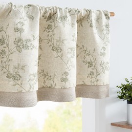 jinchan Linen Kitchen Valance for Windows 16 Inch Floral Double Layer Valance Living Room Laundry Room Room Darkening Rustic Cottagecore Farmhouse Flower Window Treatment 1 Panel Green on Beige