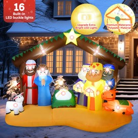 8FT Christmas Inflatables Nativity Scene Outdoor Decorations, Christmas Blow up Yard Decorations with LED Lights Large Nativity Set Outdoor Blow Up Christmas Inflatable Decorations for Xmas Party Lawn