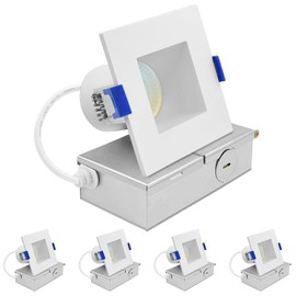 LUXRITE 3 Inch Square LED Recessed Ceiling Light with J-Box, CRI90, 8W, 5CCT Selectable 2700K - 5000K, 740 Lumens, Dimmable Canless Downlight, Wet Rated, IC Rated, ETL Listed (4 Count (Pack of 1))