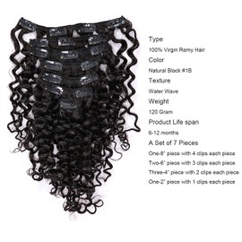 Anrosa Water Wave Human Hair Clip in Extensions - Natural Black 1B Double Weft Curly for Black Women - 14 Inch 120 Gram