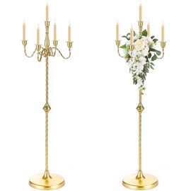 42.7 Inch Floor Candelabra Candle Holder Set of 2, 5 Arms Gold Candlestick Holders, Tall Candelabras Centerpiece for Taper Candles, Metal Standing Candlesticks for Wedding Birthday Party Home Decor