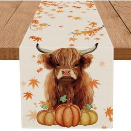 Fall Table Runner Cow Pumpkin Maple Branch Burlap Table Runners Autumn Farmhouse Kitchen Dining Table Indoor Outdoor Decorations 13x36 Inch