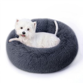 Calming Dog Bed & Cat Bed with Anti-Slip Bottom, Medium Size Washable Anti-Anxiety Donut Dog Beds for Small Dogs & Cats, Fluffy Plush Cozy Round Dogs Bed(24 Inch, Blue Grey)
